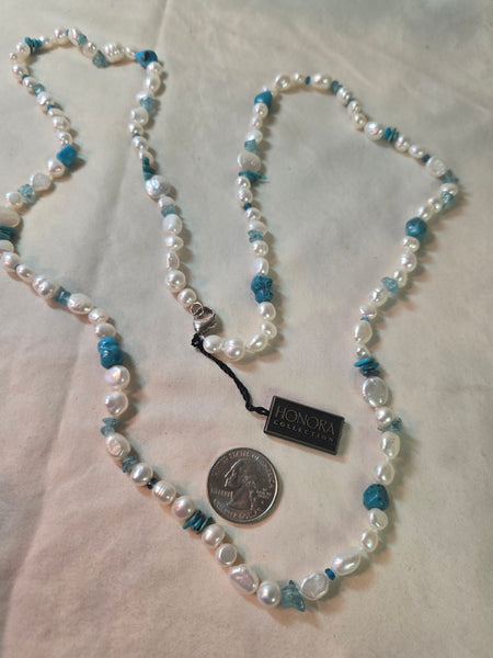 Honora Keshi Cultured pearl Turquoise 38" long strand necklace, sterling, New In Box