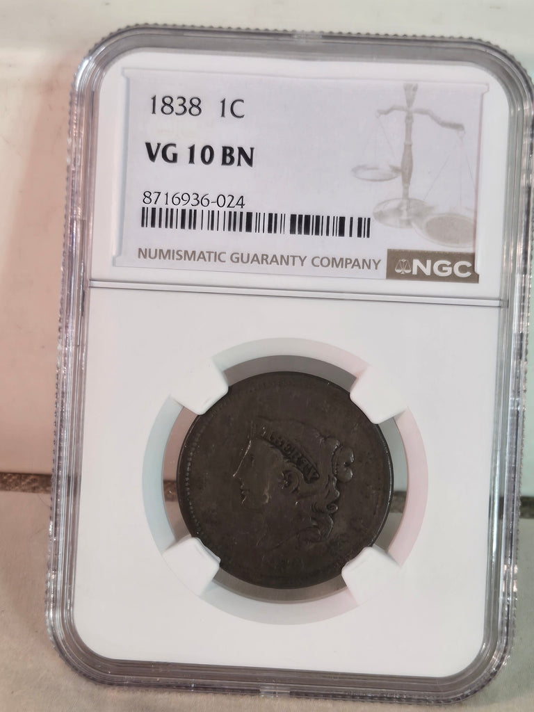 1838 US Coronet Head Large Cent coin NGC VG 10 BN