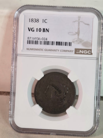 1838 US Coronet Head Large Cent coin NGC VG 10 BN