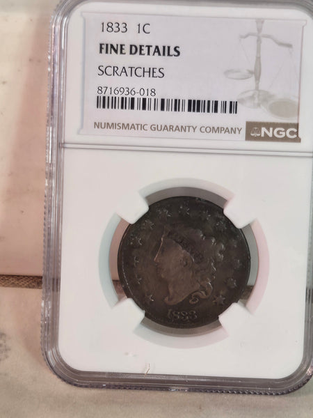 US Coronet Head 1c Large Cent coin NGC Fine Details, scratches