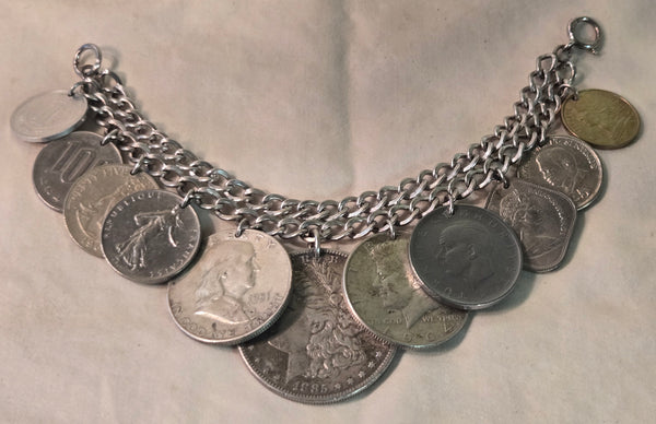 Sterling Coin Bracelet US silver 1885  Morgan Dollar, 64 Kennedy, 51 Franklin, some Foreign