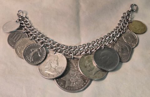 Sterling Coin Bracelet US silver 1885  Morgan Dollar, 64 Kennedy, 51 Franklin, some Foreign