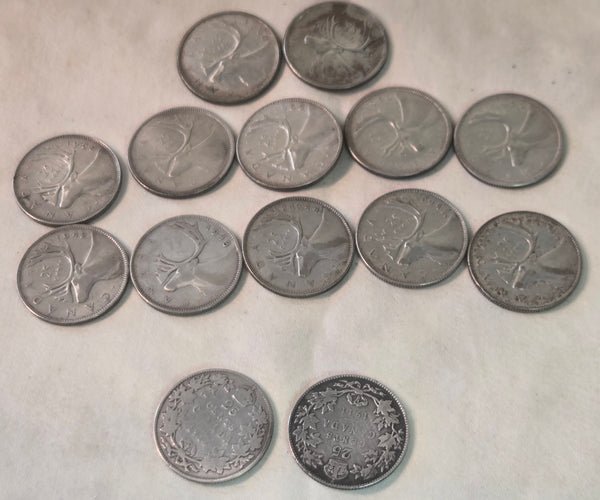 Lot of 14 Canadian quarters 80 & 92.5% silver 1911-1960, 25 cent.