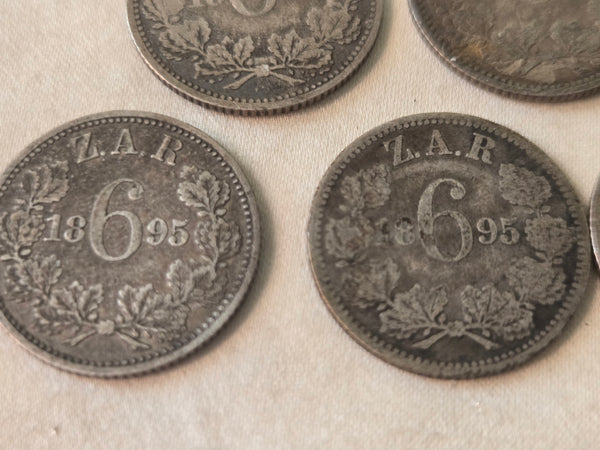 Lot of 7 South Africa 6 Pence coins, all 1895, .925 silver