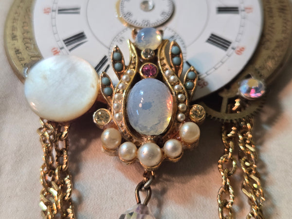 Upcycled Steam punk watch face collage brooch w/Cameo, pearl, rhinestone