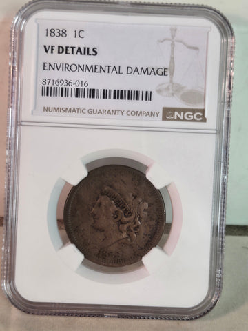 1838 US Coronet Head Large Cent coin NGC VF details, environmental damage