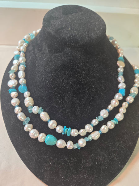 Honora Keshi Cultured pearl Turquoise 38" long strand necklace, sterling, New In Box
