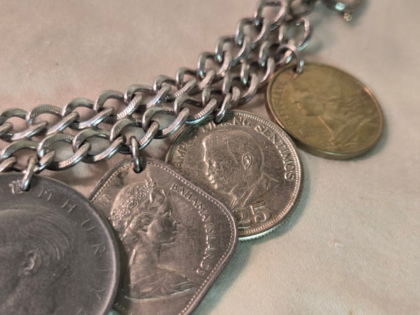 Sterling Coin Bracelet US silver 1885  Morgan Dollar, 64 Kennedy, 51 Franklin, some Foreign