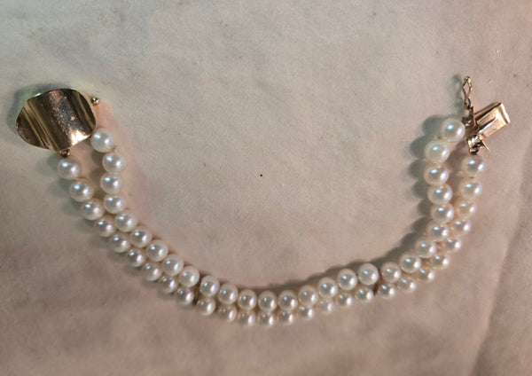 14k yellow Gold Double Strand Pearl Bracelet 6-7mm heavy clasp