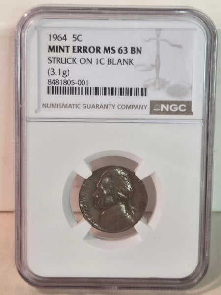 1964 Jefferson Nickel ERROR MS 63 bn Struck on Penny 1c Blank, NGC