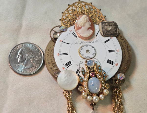 Upcycled Steam punk watch face collage brooch w/Cameo, pearl, rhinestone