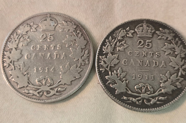Lot of 14 Canadian quarters 80 & 92.5% silver 1911-1960, 25 cent.