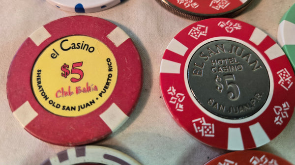 $48 in Puerto Rico Casino Chips, El San Juan, Ambassador, Marriott, etc & pendant