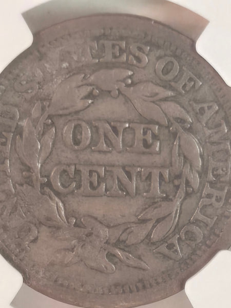1849 US 1c Braided Hair Large Cent coin NGC VF details cleaned