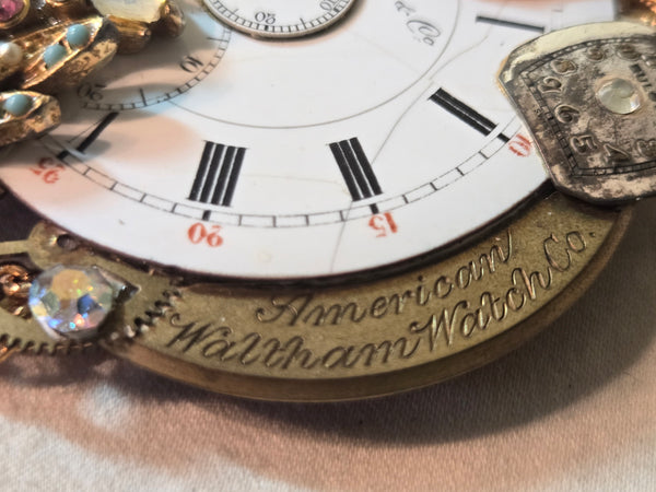 Upcycled Steam punk watch face collage brooch w/Cameo, pearl, rhinestone