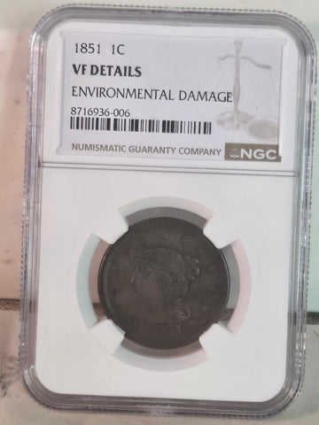 1851 US Braided Hair Large Cent coin NGC VF details Environmental damage