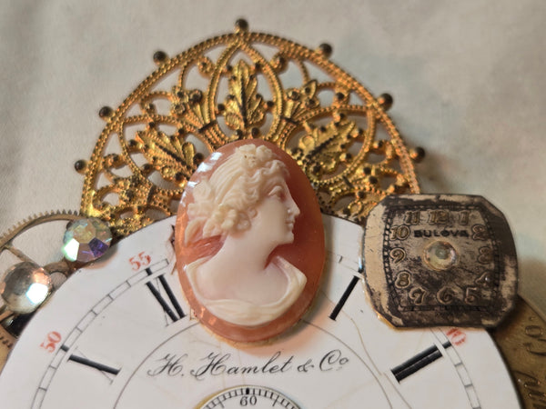 Upcycled Steam punk watch face collage brooch w/Cameo, pearl, rhinestone