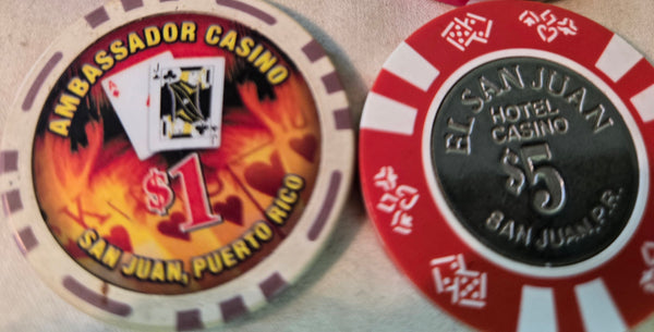 $48 in Puerto Rico Casino Chips, El San Juan, Ambassador, Marriott, etc & pendant
