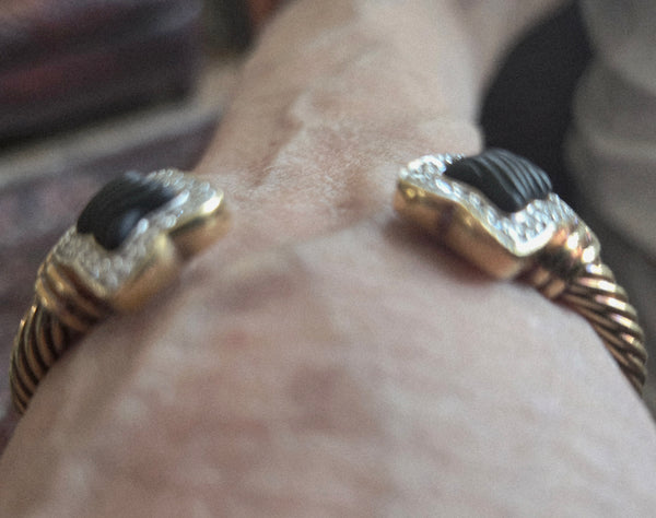 David Yurman 18k Quadrefoil 48 Diamond Onyx Gold Bracelet, dbl cable 39g.