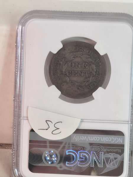 1849 US 1c Braided Hair Large Cent coin NGC VF details cleaned