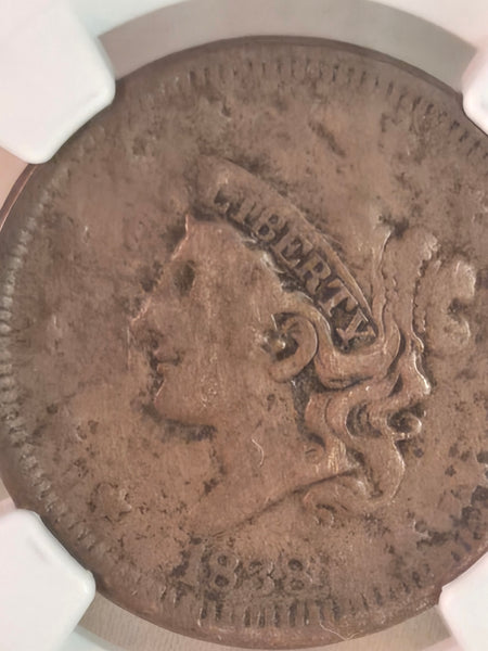 1838 US Coronet Head Large Cent coin NGC VF details, environmental damage