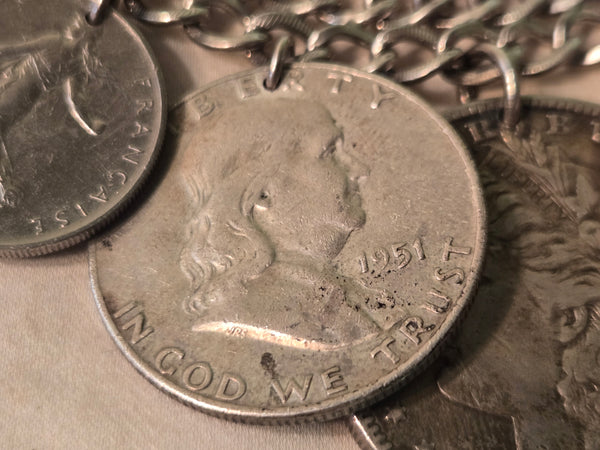 Sterling Coin Bracelet US silver 1885  Morgan Dollar, 64 Kennedy, 51 Franklin, some Foreign