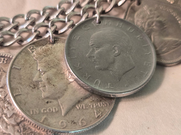 Sterling Coin Bracelet US silver 1885  Morgan Dollar, 64 Kennedy, 51 Franklin, some Foreign