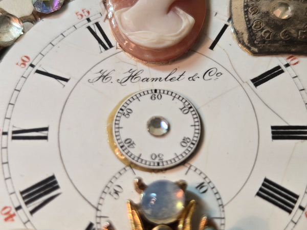 Upcycled Steam punk watch face collage brooch w/Cameo, pearl, rhinestone