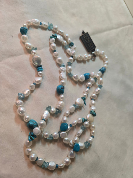 Honora Keshi Cultured pearl Turquoise 38" long strand necklace, sterling, New In Box