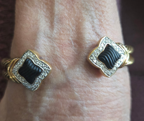 David Yurman 18k Quadrefoil 48 Diamond Onyx Gold Bracelet, dbl cable 39g.