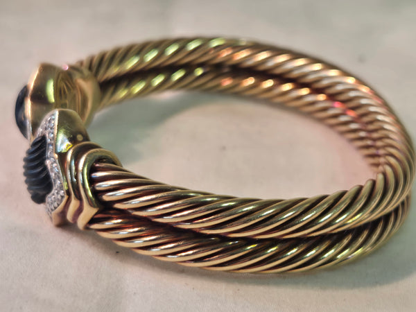 David Yurman 18k Quadrefoil 48 Diamond Onyx Gold Bracelet, dbl cable 39g.