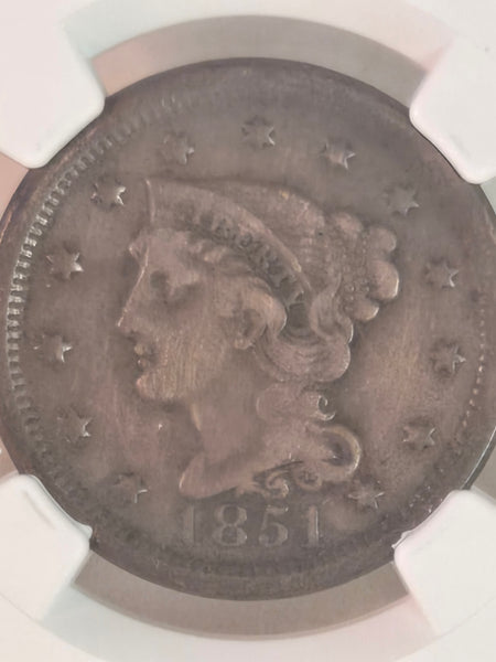 1851 US Braided Hair Large Cent coin 1c NGC VF details cleaned