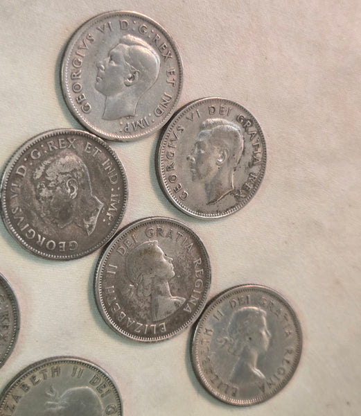 Lot of 14 Canadian quarters 80 & 92.5% silver 1911-1960, 25 cent.