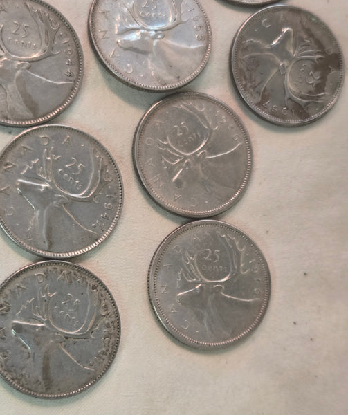 Lot of 14 Canadian quarters 80 & 92.5% silver 1911-1960, 25 cent.