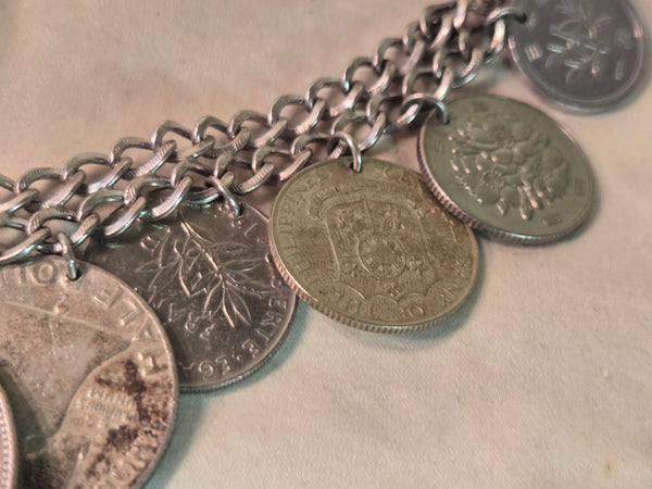 Sterling Coin Bracelet US silver 1885  Morgan Dollar, 64 Kennedy, 51 Franklin, some Foreign