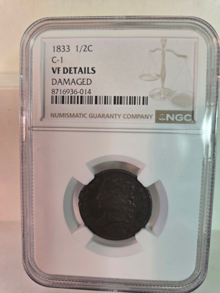 1833 US Classic Head 1/2 Half Cent C-1 VF details damaged NGC graded