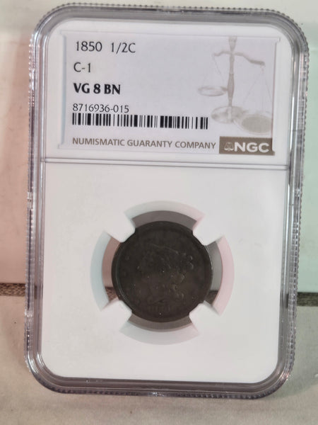 1850 US Braided Hair 1/2 half Cent c-1 NGC VG 8 BN graded
