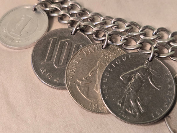 Sterling Coin Bracelet US silver 1885  Morgan Dollar, 64 Kennedy, 51 Franklin, some Foreign