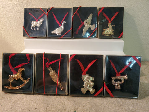 Set of 8 Lunt figural Christmas ornaments, horse, dove, goose lamb etc