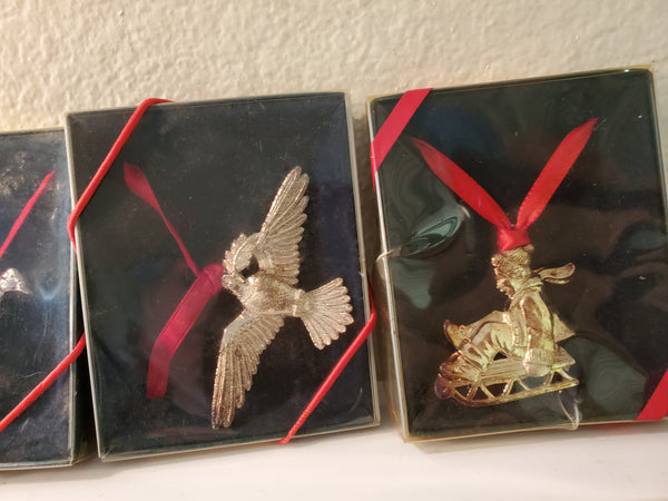 Set of 8 Lunt figural Christmas ornaments, horse, dove, goose lamb etc