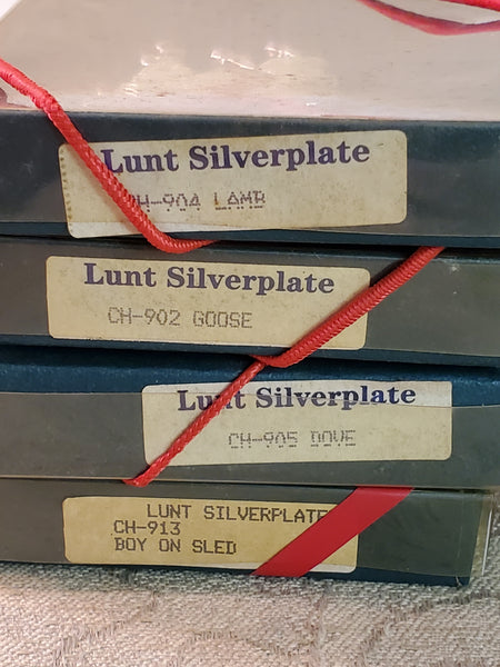 Set of 8 Lunt figural Christmas ornaments, horse, dove, goose lamb etc