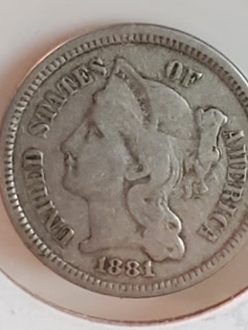 1881 three cent US nickel VF
