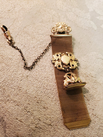 Victorian gold Pocket watch mesh fob w/seal