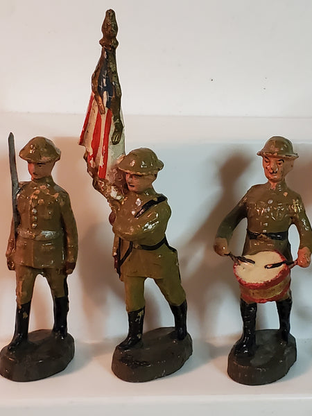 6 Elastolin Doughboy Drummer, flagman, Cavalry & riflemen