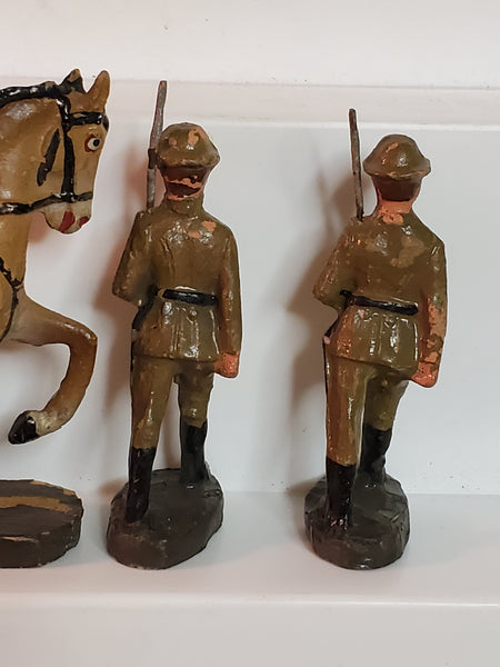 6 Elastolin Doughboy Drummer, flagman, Cavalry & riflemen