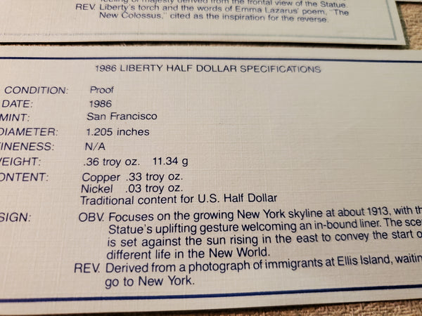 1986 Illis iland Liberty proof dollar & half U.S. set