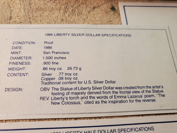 1986 Illis iland Liberty proof dollar & half U.S. set