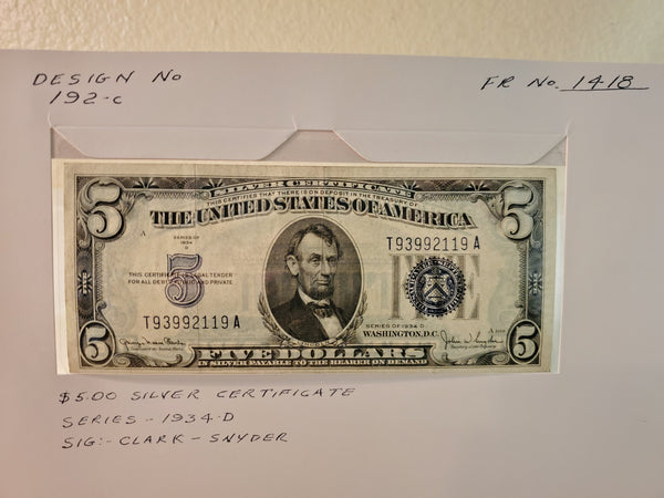 1934-D U.S. Five Dollar Silver Certificate FR 1418 Blue seal