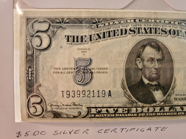 1934-D U.S. Five Dollar Silver Certificate FR 1418 Blue seal