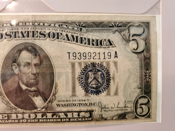 1934-D U.S. Five Dollar Silver Certificate FR 1418 Blue seal